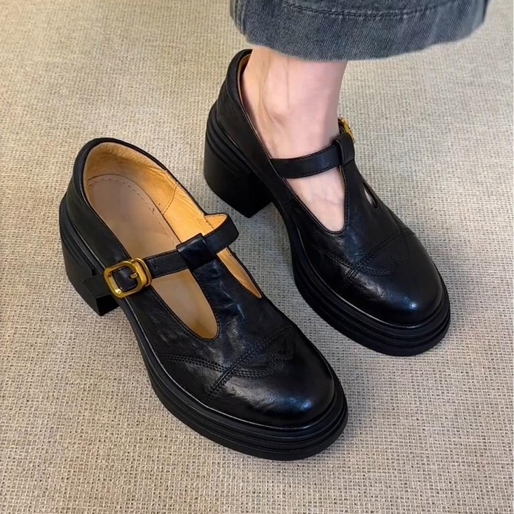 Platform Thick Heel British Style Retro Small Leather Shoes Women's Loafers Round Head Single Shoes Mary Jane Shoes