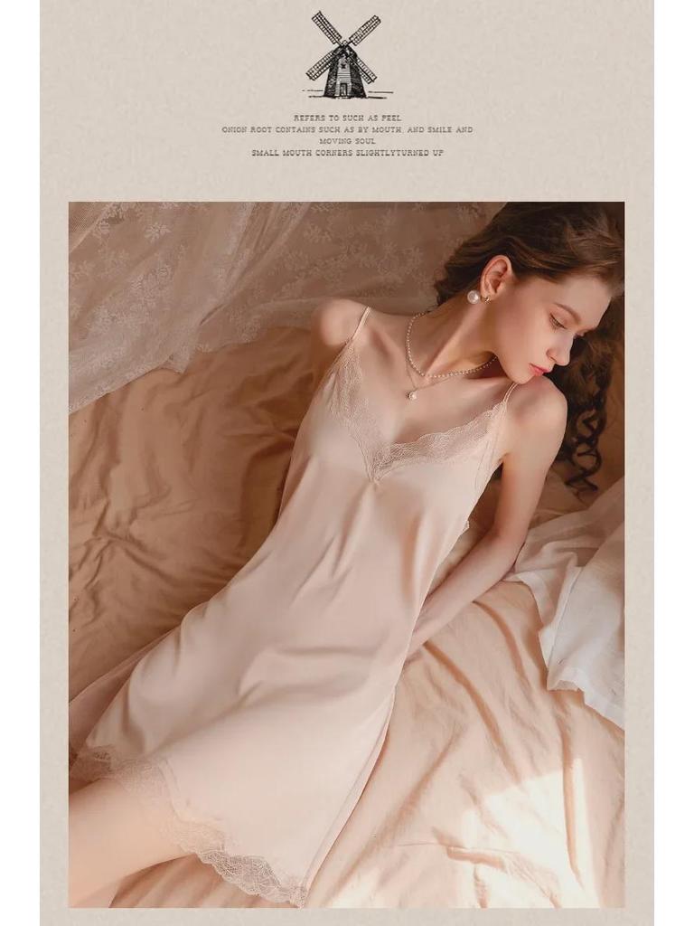 2024 Women's Sexy Ice Silk Lace Nightdress with Stylish Back