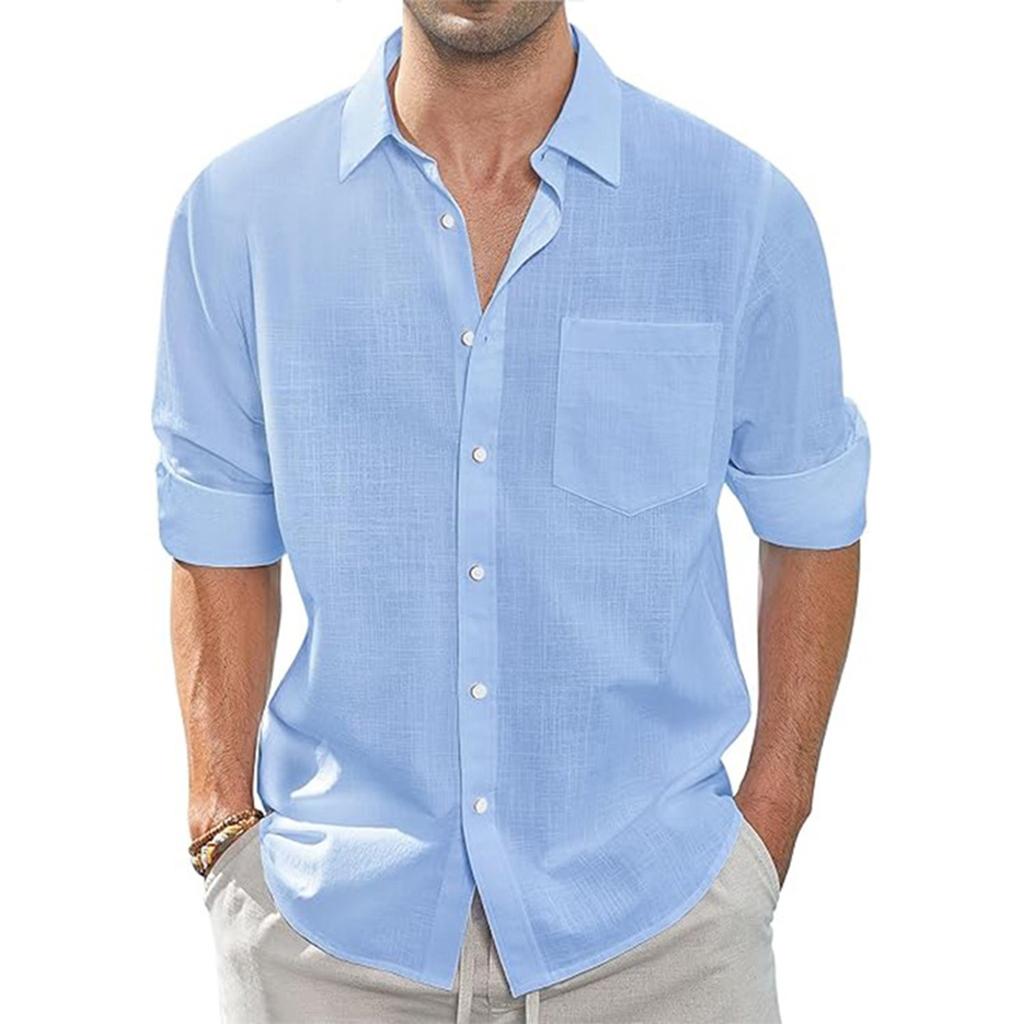 Men's Long Sleeve Shirt Men Cotton Linen Shirt Regular Fit Casual Shirts  Beach T-Shirt