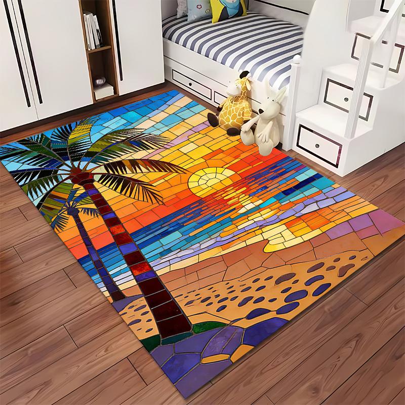 Colorful Sunset Beach Stained Glass Design Carpet with Palm Tree Suitable for use as an anti-slip for living room bedroom sofas