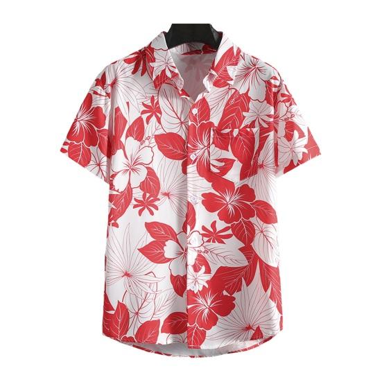 Summer Men Shirt Floral Print Short Sleeves Tropical Style Hawaii Loose Plus Size Single-breasted Turn-down Collar Quick Dry Mid Length Beach Top
