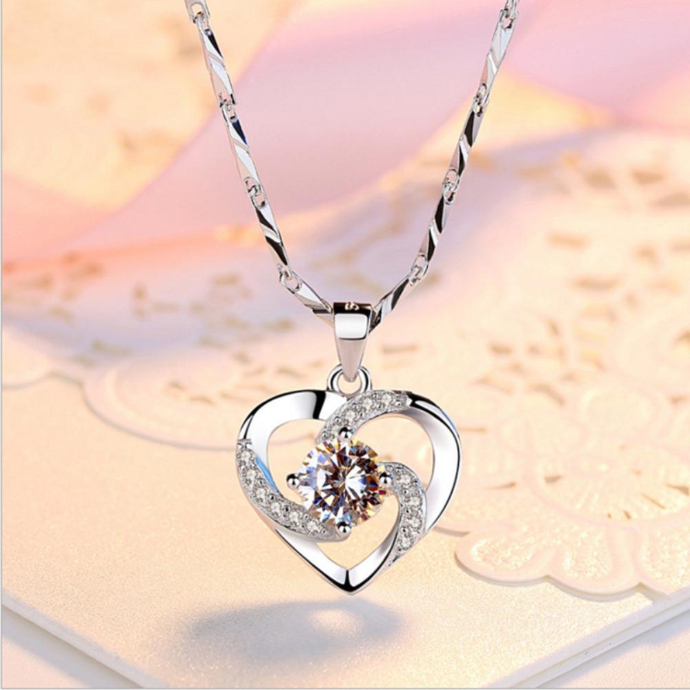 Silver Plated Heart Pendant Necklace for Women Minimalist Crystal Jewelry with Diamond Accents