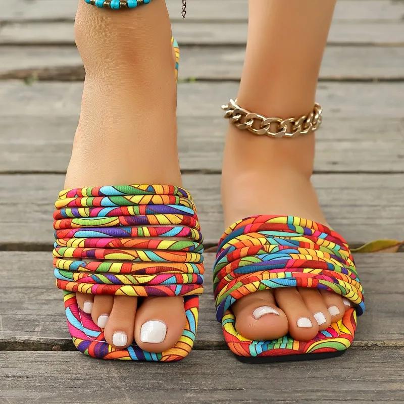 2025 Summer New Open Toe Women's Slippers Mixed Colors Outdoor Low Heel Sandals Plus Size Daily Casual Beach Slippers Zapatos