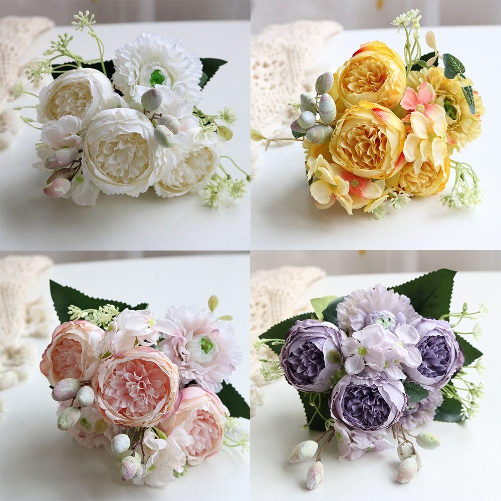 Bouquet Arrangement Peony Bouquet Vase Included Silk Rose Christmas Garland Home Garden Decor