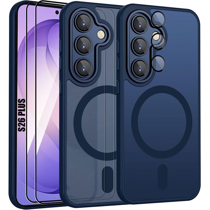 Coque Magnétique - BOOLING - pour Samsung Galaxy S26 Plus - avec Protection Caméra - 2 Vitres - Bleu Marine