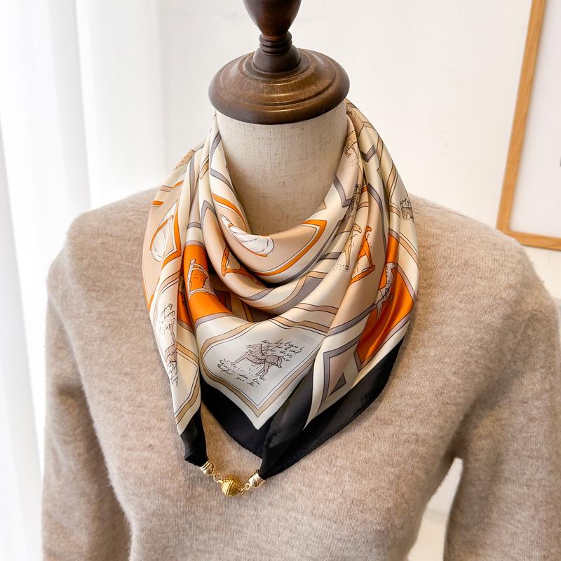 Magnetic Buckle Silk Neck Scarf: Triangle Design for Women, 70x70cm, Lightweight Spring/Summer/Autumn Accessory