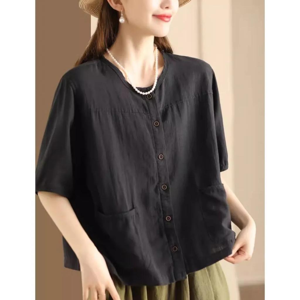 Женская летняя однотонная повседневная рубашка в стиле ретро с короткими рукавами, однобортный повседневный удобный топ