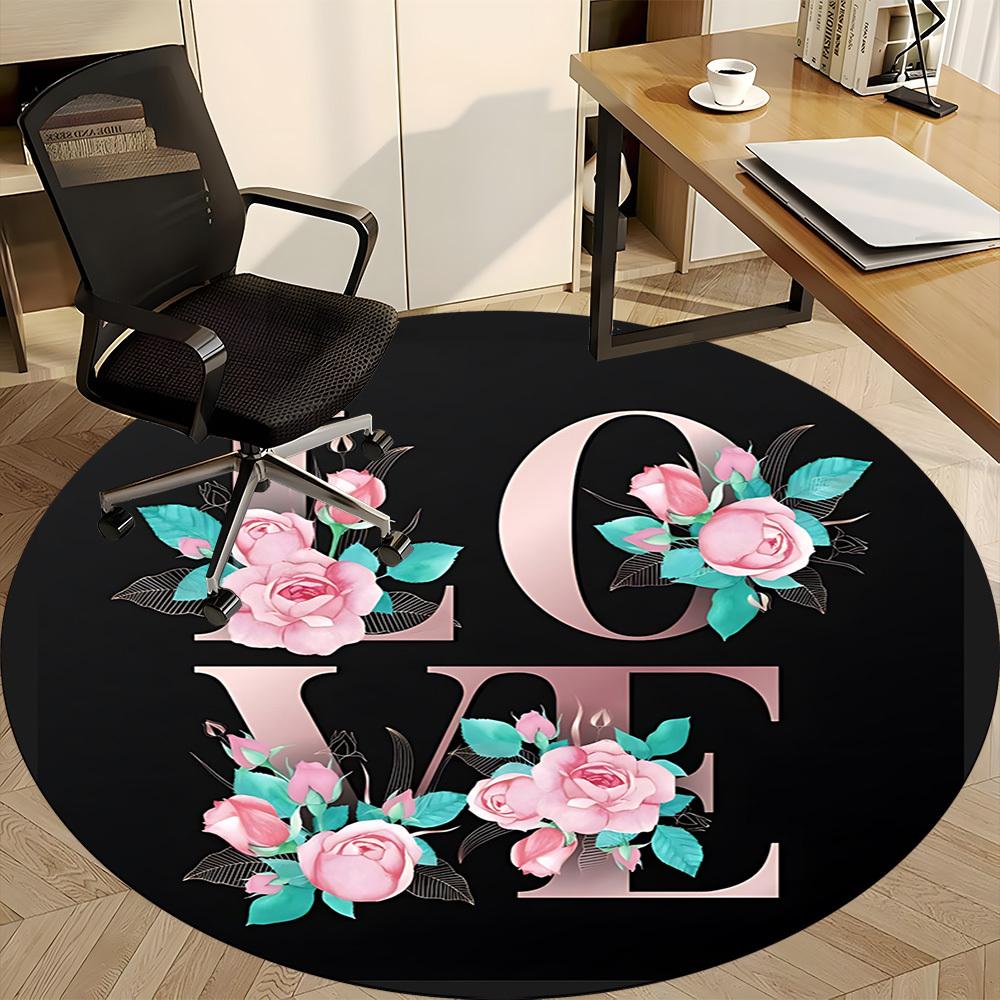 1pc Floral Love Print Chair Carpet for Office, Round Polyester Mat, Indoor Decor for Office, Washable Non-slip Carpet yy251219131