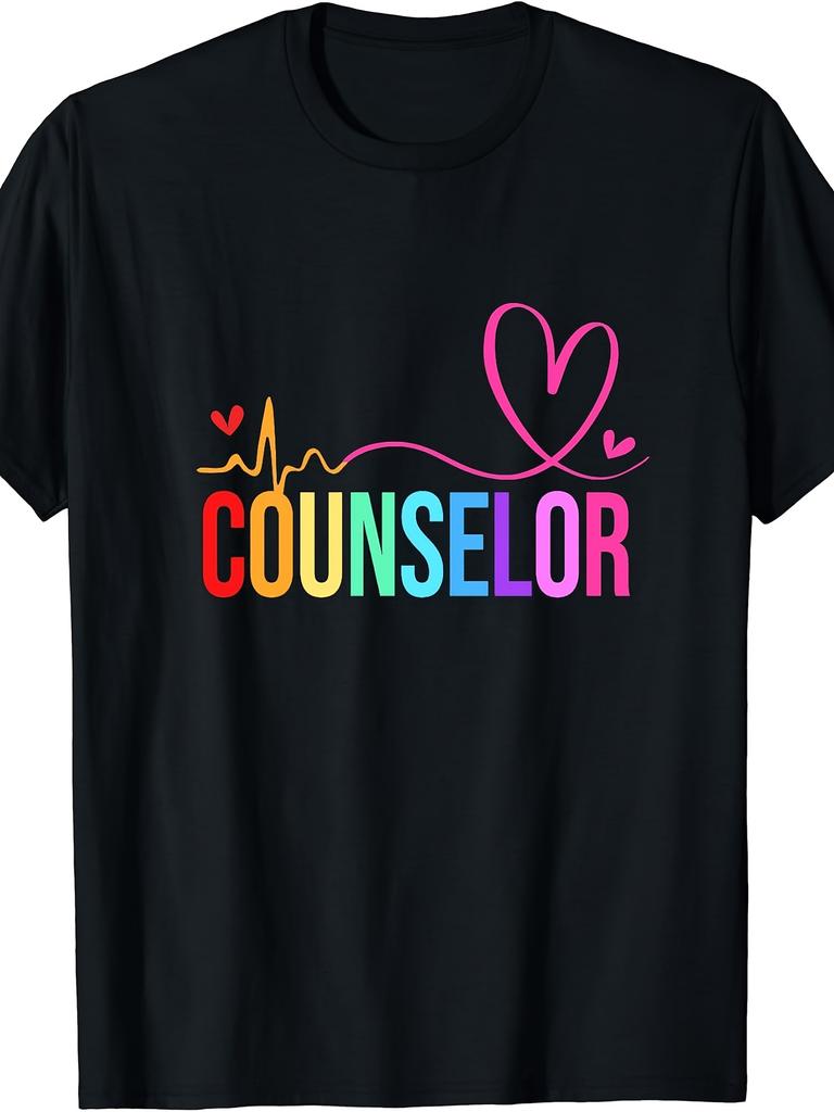 Retro Counseling Awareness T-Shirt - School Counselor Short Sleeve Top with Colorful Retro Graphics, Round Neck Casual Shirt Suitable for Daily Wear,