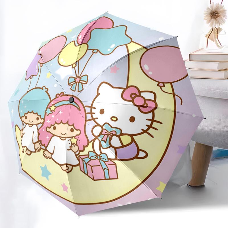 1pc Hello Kitty & Little Twin Stars Balloon Moon Automatic Opening/Closing Umbrella - Portable Three-Fold Design with 8-Bone Iron Frame, Outdoor for F