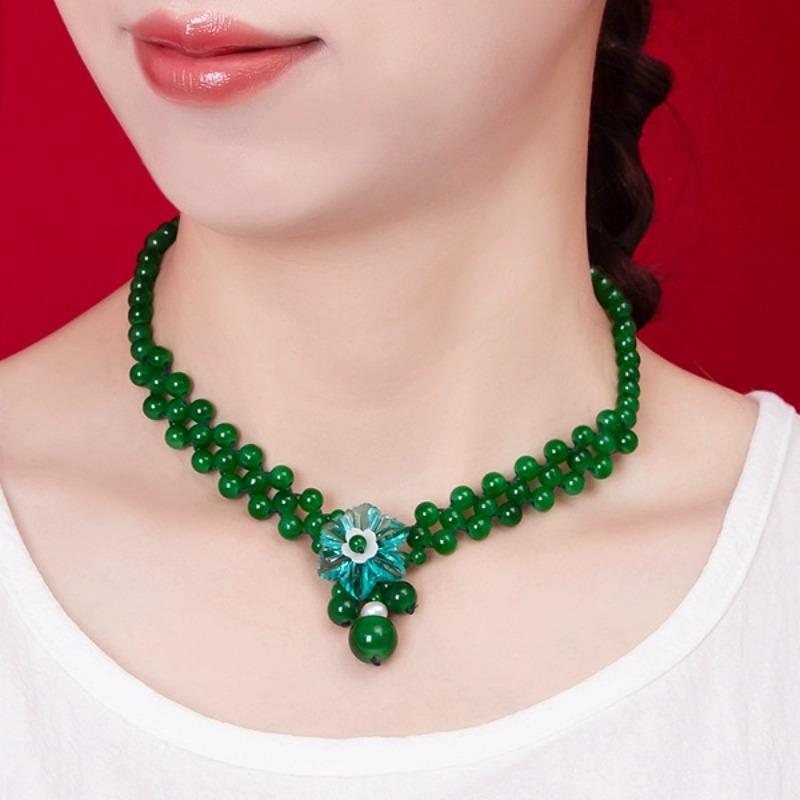 GEMCHIC Женское этническое зеленое агатовое бусинное ожерелье с цветочным кулоном, регулируемый многослойный чокер