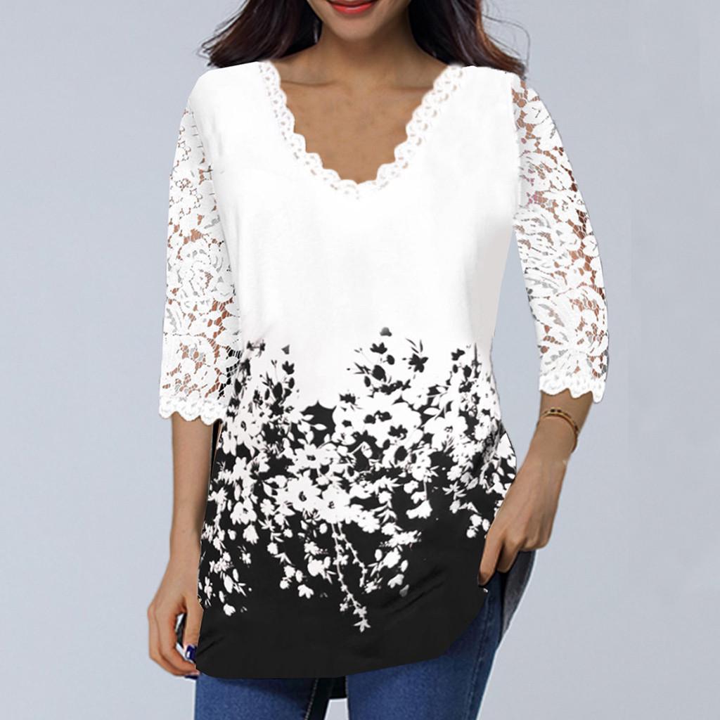 Women's Lace 3/4 Sleeve V Neck T Shirt Ladies Floral Blouse Tunic Tops Plus Size