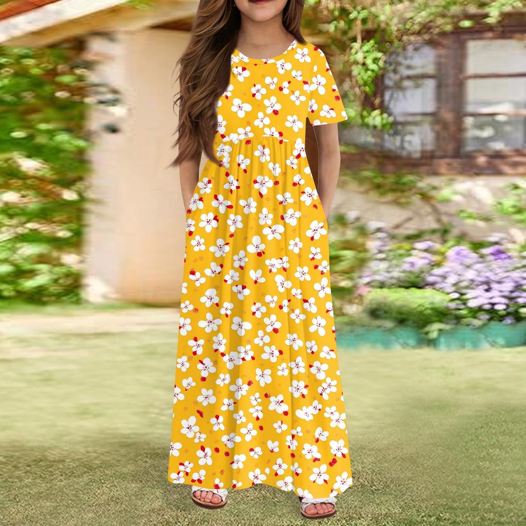 Длинное летнее платье для девочек - платье макси с короткими рукавами и карманами для детей 4-14 лет