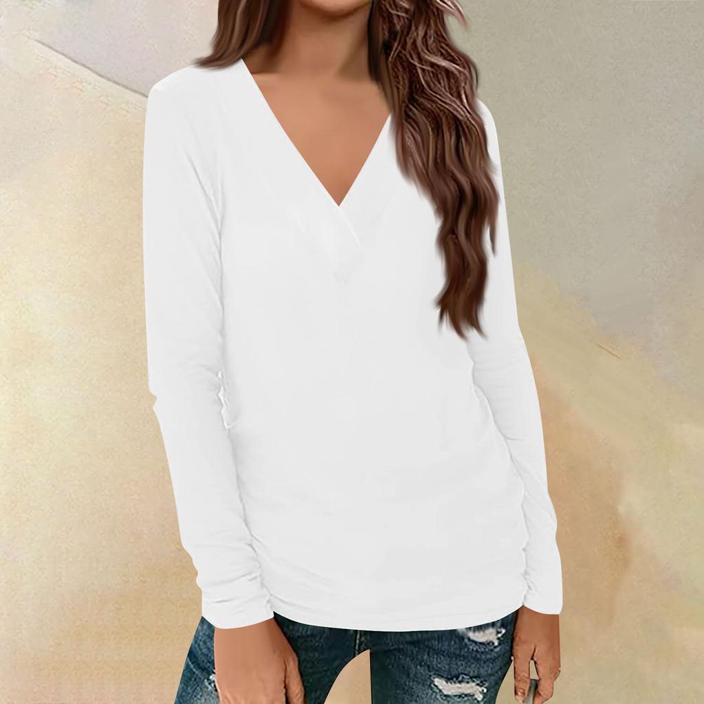 Женский повседневный однотонный принтованный длинный рукав свободный пуловер с V-образным вырезом