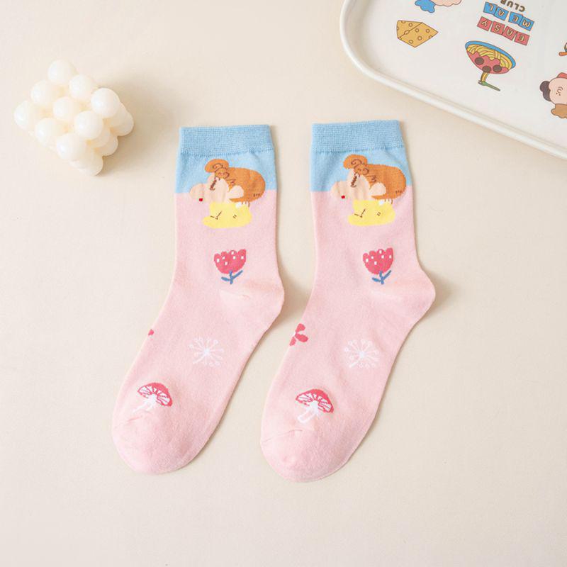 Women's Cute Anime Cartoon Combed Cotton Socks - Korean Style, Colorful Mid-Length