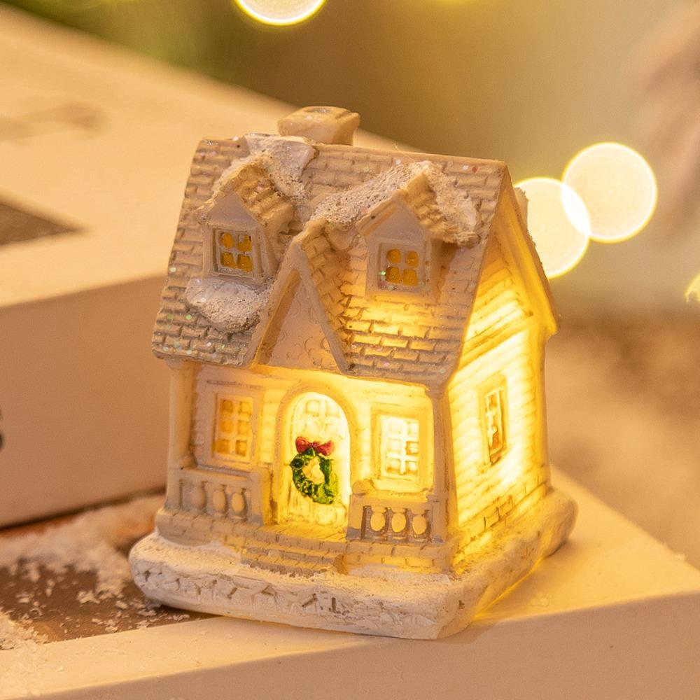 White LED Light Snow House Resin Xmas House Ornament  New Year Decoration