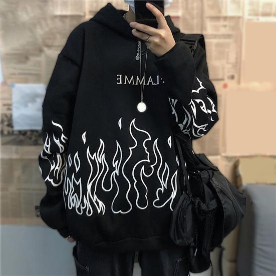 Мужское осеннее худи с принтом пламени, капюшоном, длинными рукавами, мягкое, теплое, свободного кроя, в стиле хип-хоп, зимнее худи для школы