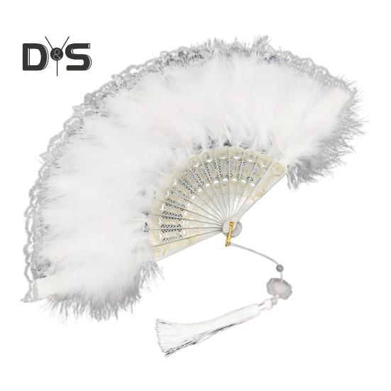 Винтажный складной веер с перьями и кружевом с кисточками, портативный летний ручной веер, украшение для танцевального представления, реквизит для костюмов для вечеринок