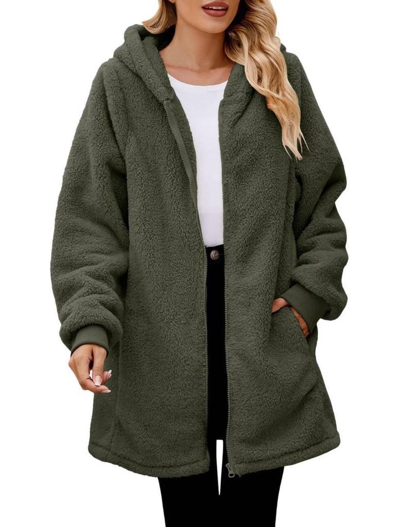 2023 Winter Women's Loose Plush Long-Sleeved Hooded Zipper Cardigan Jacket