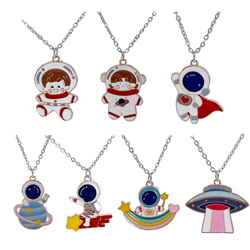 2021 New Cartoon Spaceman Planet Enamel Pendant Necklace For Women Cute Astronaut Spaceship Link Chain Neck Female Jewelry