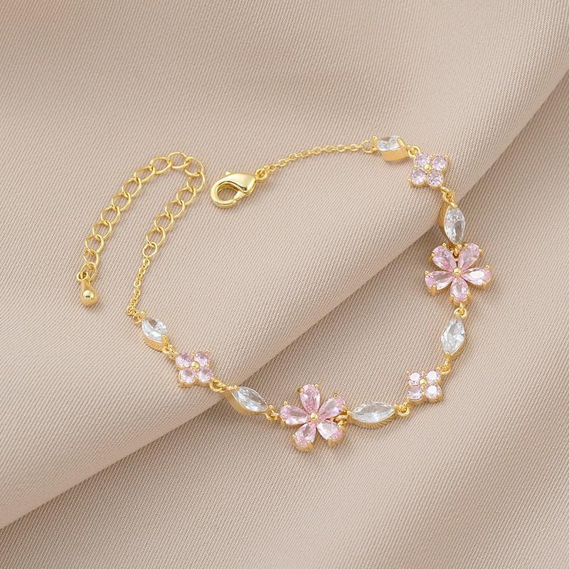Elegant Womens Geometric Floral Zircon Bracelet Gold Plated Copper Adjustable Fashion Jewelry Daily Wear