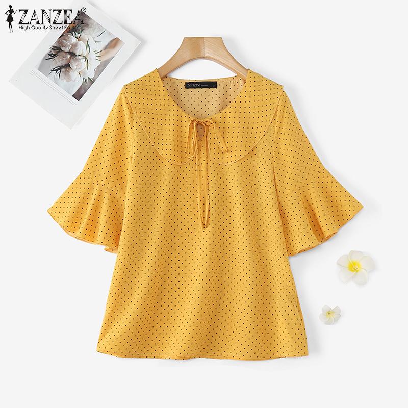 ZANZEA Женская летняя повседневная блузка с воротником-куколкой и коротким рукавом в горошек