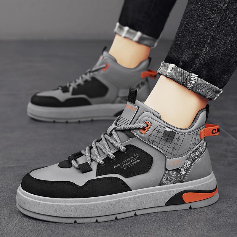 Autumn new leather splicing contrasting color platform heightening board shoes fashion casual outdoor sports shoes high top men's shoes