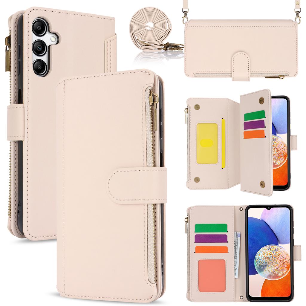 Multi Card Zippered Wallet with Short Hand Rope and Long Hanging Rope Phone Cover Case for iPhone Series/Samsung Series