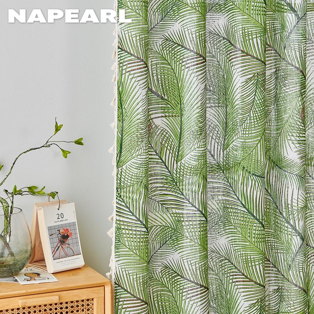 1 шт. NAPEARL полузатемняющие шторы в тропическом стиле с зеленым растительным принтом, небольшие свежие шторы с бахромой для окон, балкона, спальни, гостиной, домашнего декора