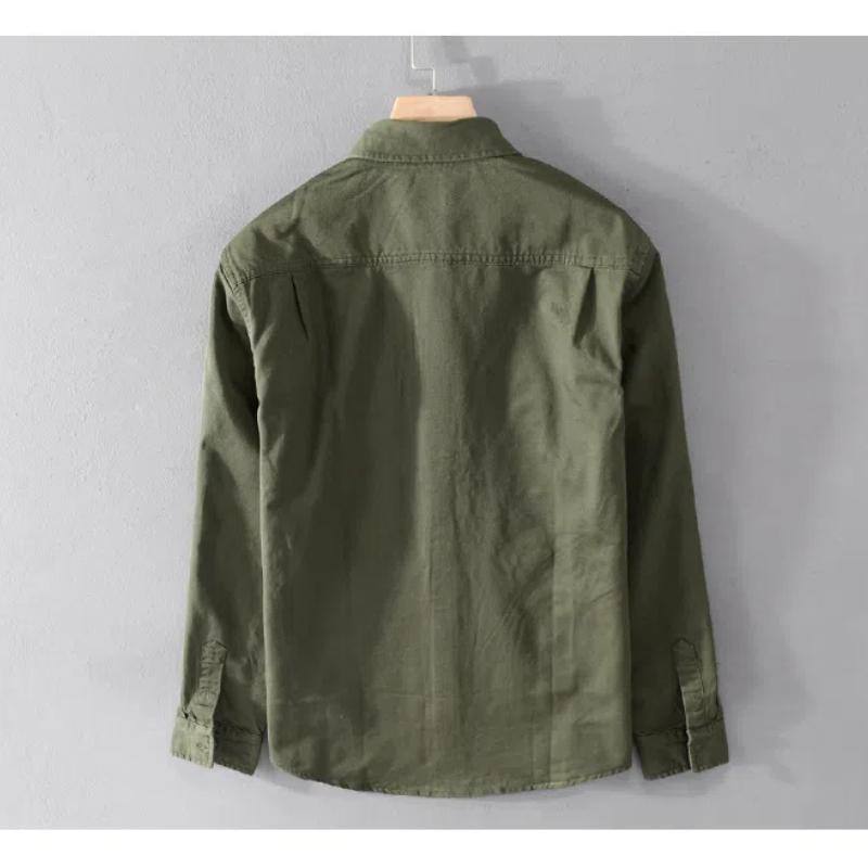 Весенне-летняя рубашка с длинным рукавом для мужчин в корейском стиле, рабочая одежда, мужская верхняя одежда в уличном стиле, приталенная рубашка с двумя карманами, зеленая хлопковая рубашка