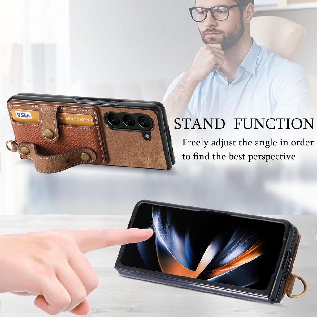 Чехол-бумажник из кожи с слотом для карт и ремешком для Samsung ZFold7/ZFold6 - Защитная обложка из ПУ с ощущением кожи