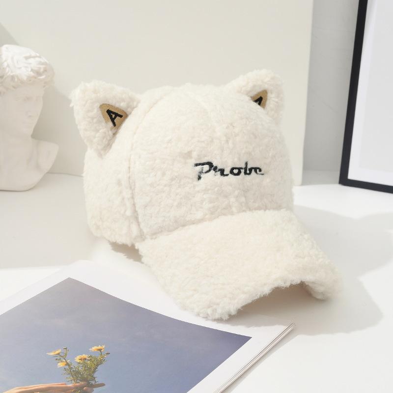 Осенне-зимняя бейсболка из овечьего меха, теплая и глубокая, регулируемый обхват головы, плюшевая бейсболка, милые мультяшные кошачьи ушки