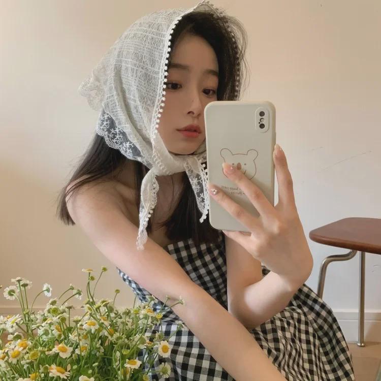 French Lace Triangle Scarf with Beige Floral Design, Retro Headscarf, Hairband, Bag Accent, and All-Match Ribbon Scarf