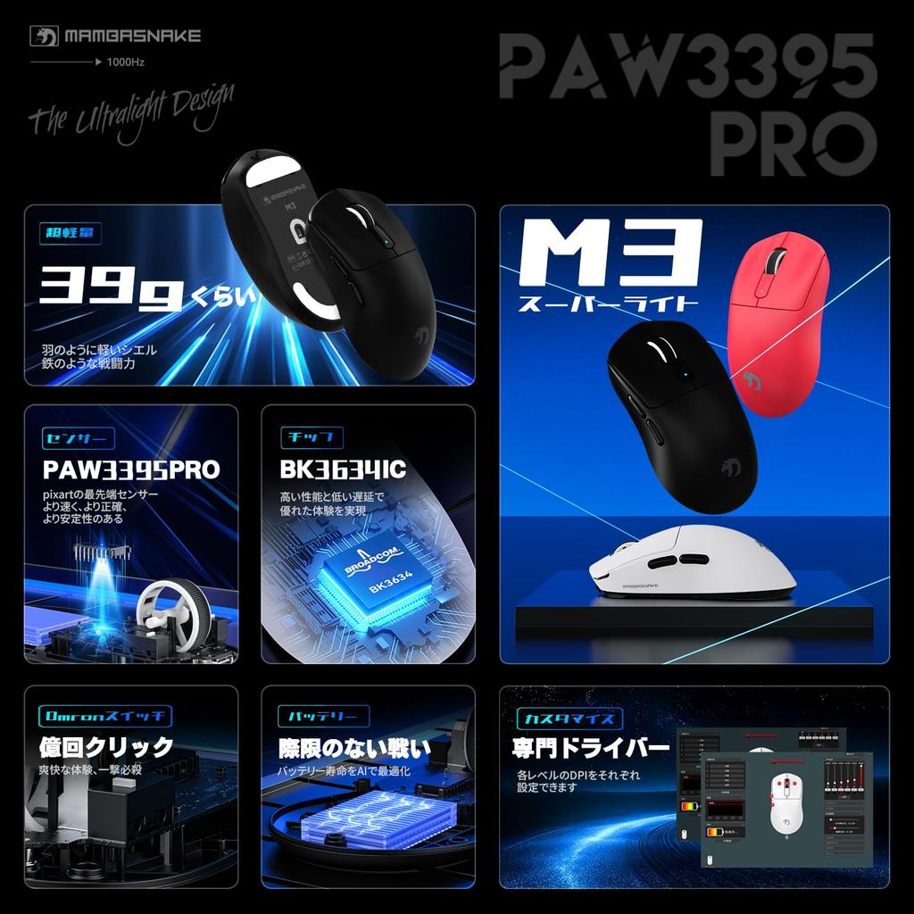 MAMBASNAKE M3 Gaming Wireless Mouse with Original PAW3395PRO FSWQ Life 65 Hours of Continuous Symmetrical Compatible with for FPS Gaming Direct Black