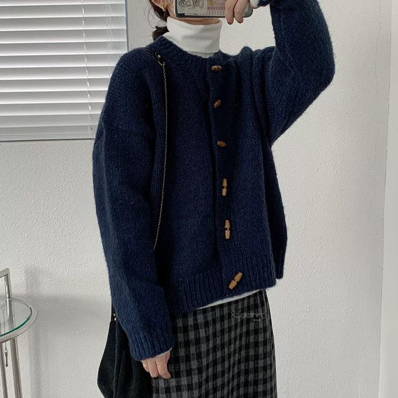 Повседневный женский вязаный кардиган с круглым вырезом и застежкой на пуговицы для осени/зимы