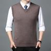 Men Vest Sweater V Neck Sleeveless Slim Fit Solid Color Knitted Pullover Slim Fit Mid Length Thickened Business Style Sweater