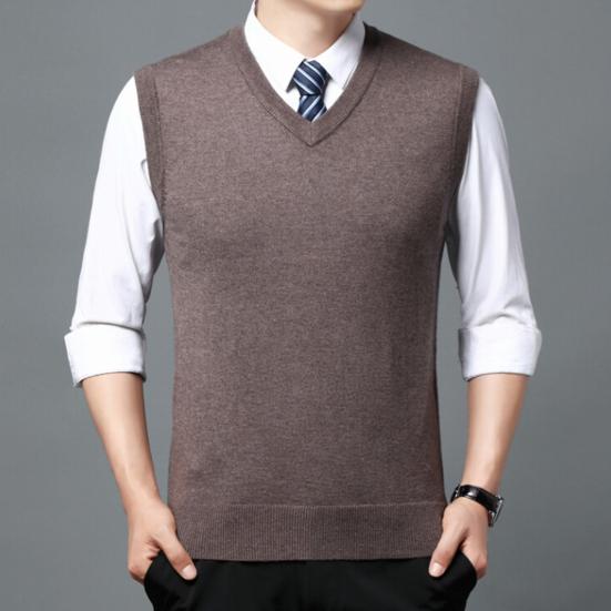 Men Vest Sweater V Neck Sleeveless Slim Fit Solid Color Knitted Pullover Slim Fit Mid Length Thickened Business Style Sweater