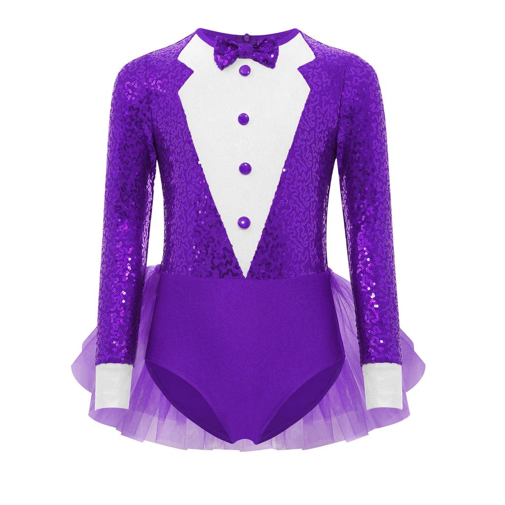 Girls Jazz Dance Costume Sparkly Sequins Bodice Tulle Skirted Leotard Long Sleeve Back Invisible Zipper Bodysuit