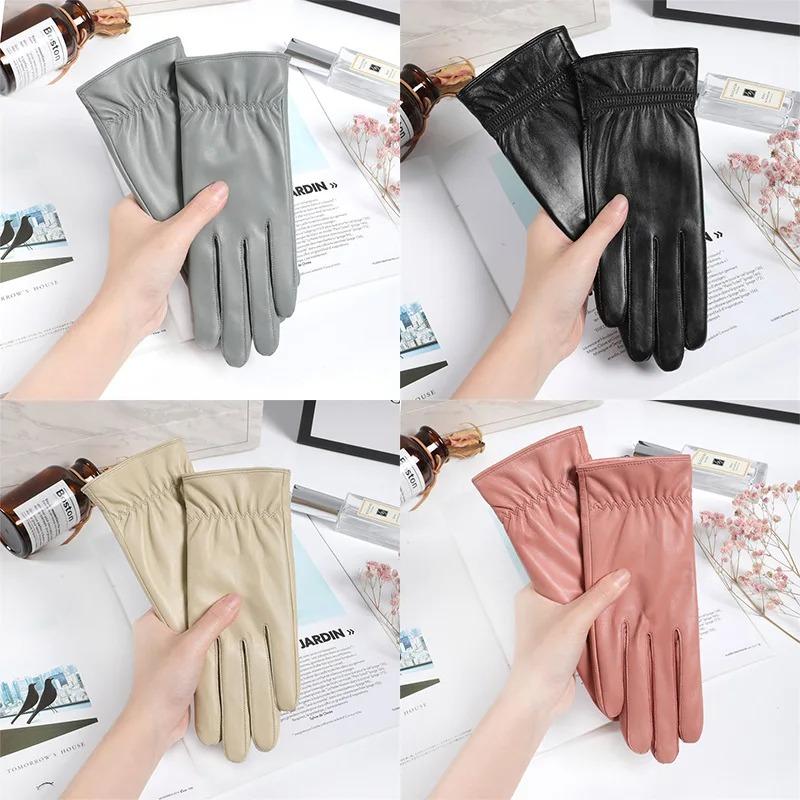 Sheepskin Gloves Women's Winter Fleece-lined Warm Short Driving Cycling Sheepskin Touch Screen Gloves Women's Cute Thin Hand Rep