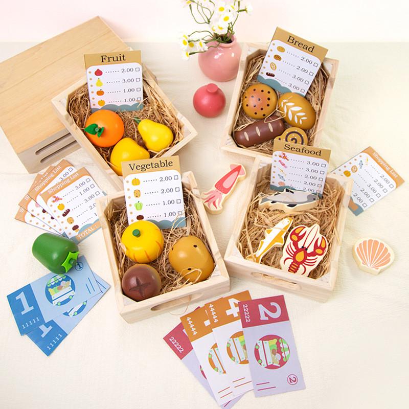 Simulation Boxed Wooden Fruit Bread Sea Food Vegetables Children Toys Set