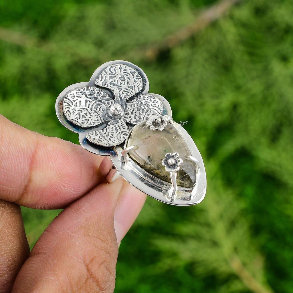 Pear Natural Garden Quartz Sterling Silver Anniversary Statement New Flower Ring