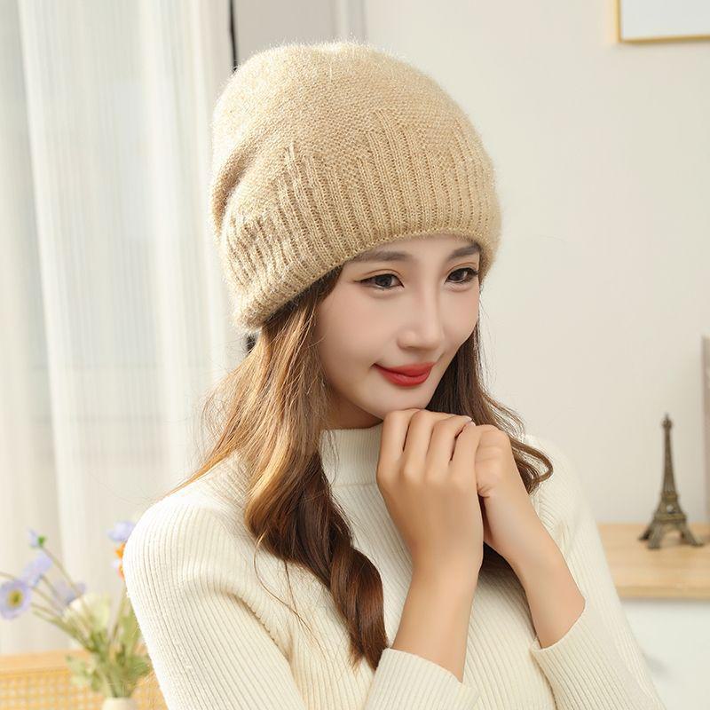 Двухслойная вязаная шерстяная шапка с большой окружностью головы и теплой подкладкой из толстого бархата