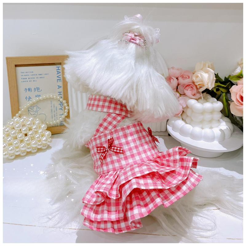 Pet Plaid Dress Cute Bow Vest Suspender Skirt Fluffy Skirt Cute Puppy Dress Outfit Puppy Dog Dresses for Small Dogs