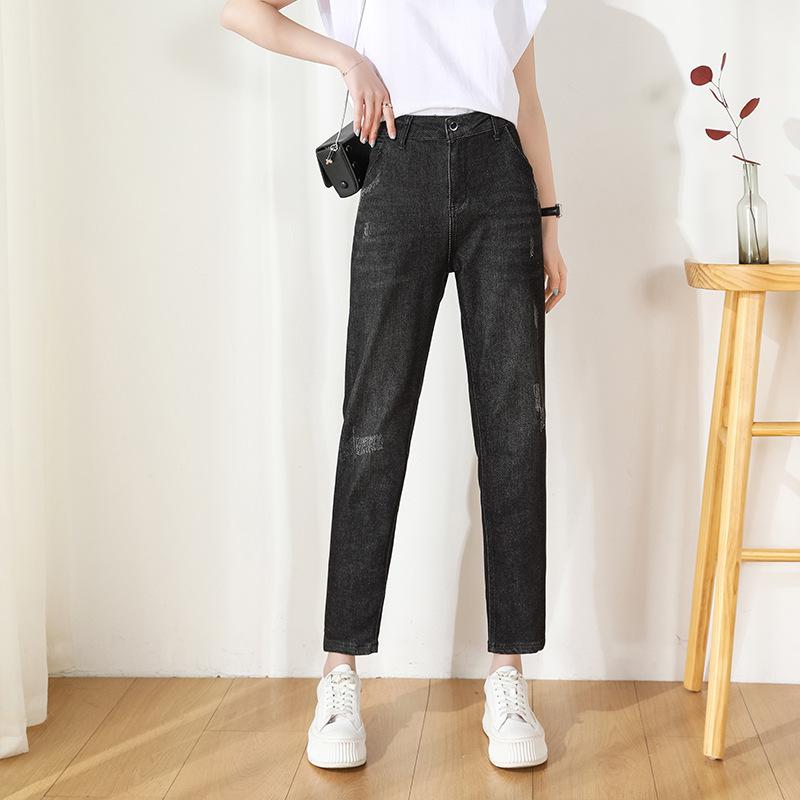 Женские весенне-осенние повседневные брюки большого размера с высокой талией, свободные прямые джинсы, джинсовые укороченные брюки