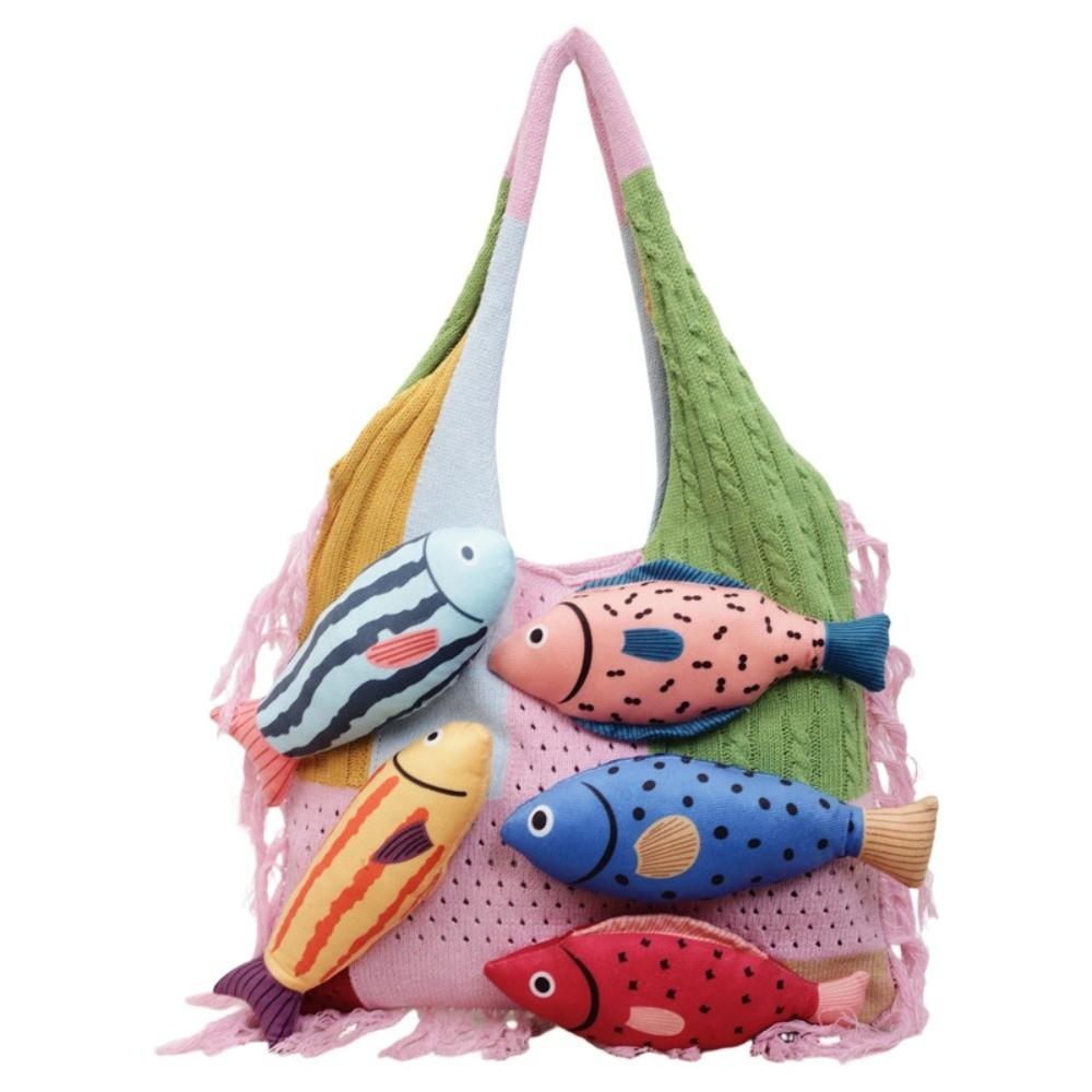 Fish Cotton Crochet Shoulder Bag Large Capacity Tassels Beach Handbag Hollow Out Woven Bag Beach