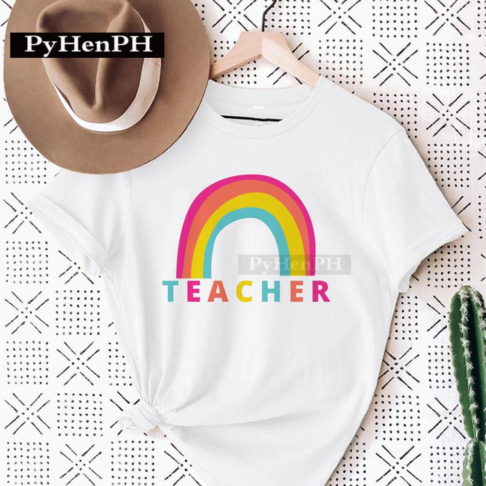 Womens Fashion Rainbow Teacher Graphic TShirt Loose Fit Casual round Neck Aesthetic Top Ins Style Modal fabric