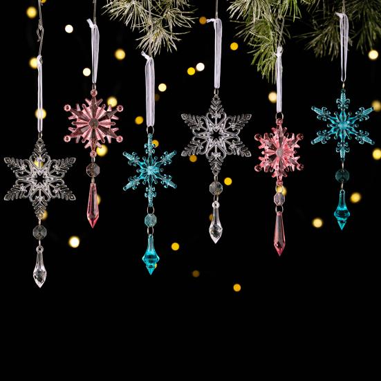 6 Pcs Acrylic Crystal Christmas Ornament Sparkling Clear Snowflake Hanging Ornaments with Drop Pendants for Xmas Tree Decoration