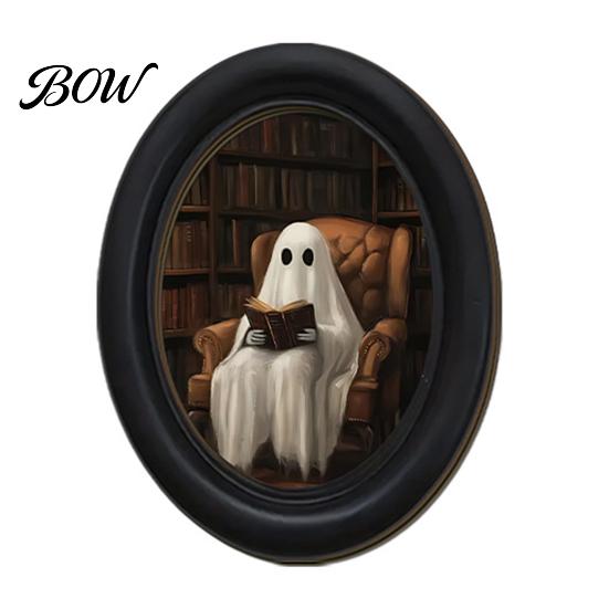 Gothic Farmhouse Decor Halloween Wooden Door Hanging Sign, Oval Black Cat Ghost Wall Plaque, Retro Painting Waterproof Art for Entryway Bedroom Cafe,