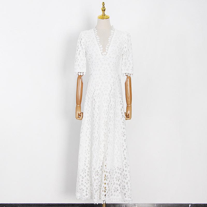 Temperament Long Women's Summer V-neck Waist Crochet Hollow French Solid Colour Swing Dress