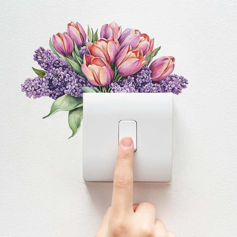 Самоклеящаяся съемная наклейка на выключатель с ручной росписью фиолетовых тюльпанов для спальни, гостиной, фона, домашнего декора